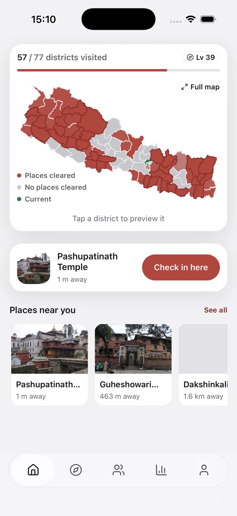The Ghumify home screen with the district map and the places near you