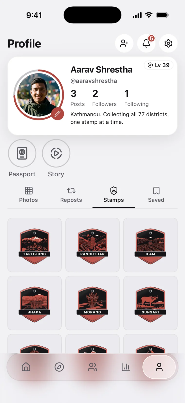 A traveller profile on its Stamps tab, with district stamps in a grid